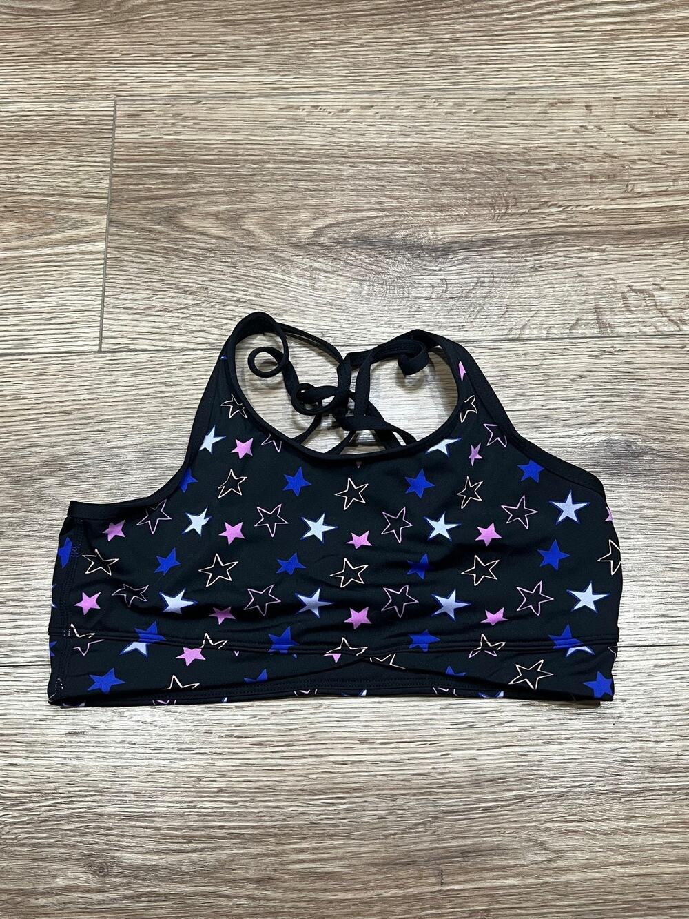 Athletic Works Girls Sports Bra Size L Black with Blue Pink White Stars (A00)